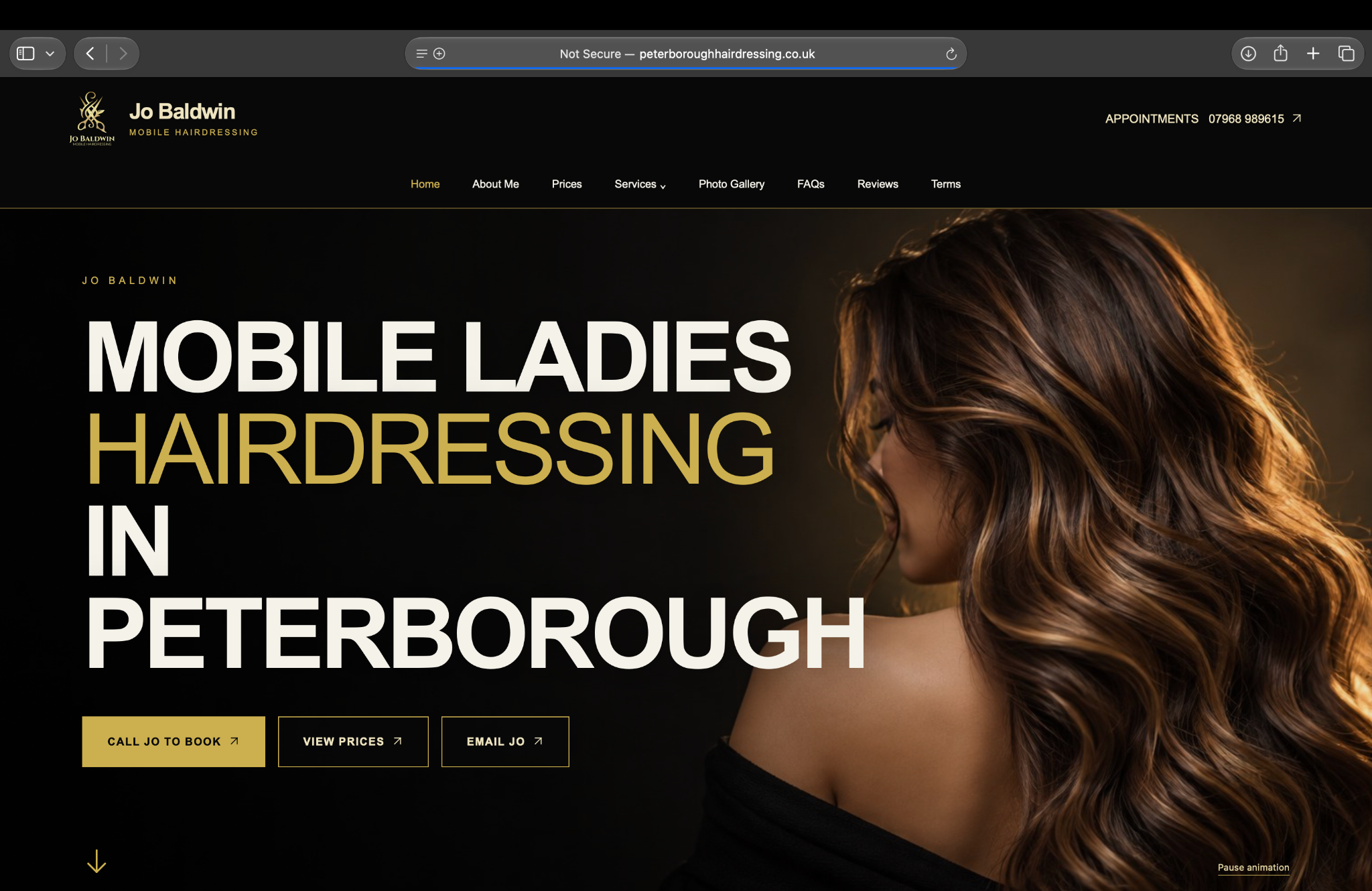 Jo Baldwin Hairdressing website with black and gold branding